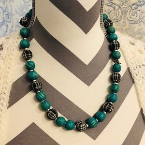 Beaded Necklace Aqua Black Plaid